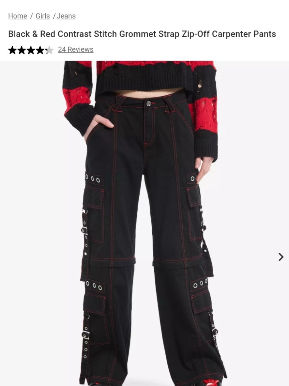 HOT TOPIC Sz 13Black/ Red Contrast Stitch Grommet Strap Zip-Off Carpenter Pants